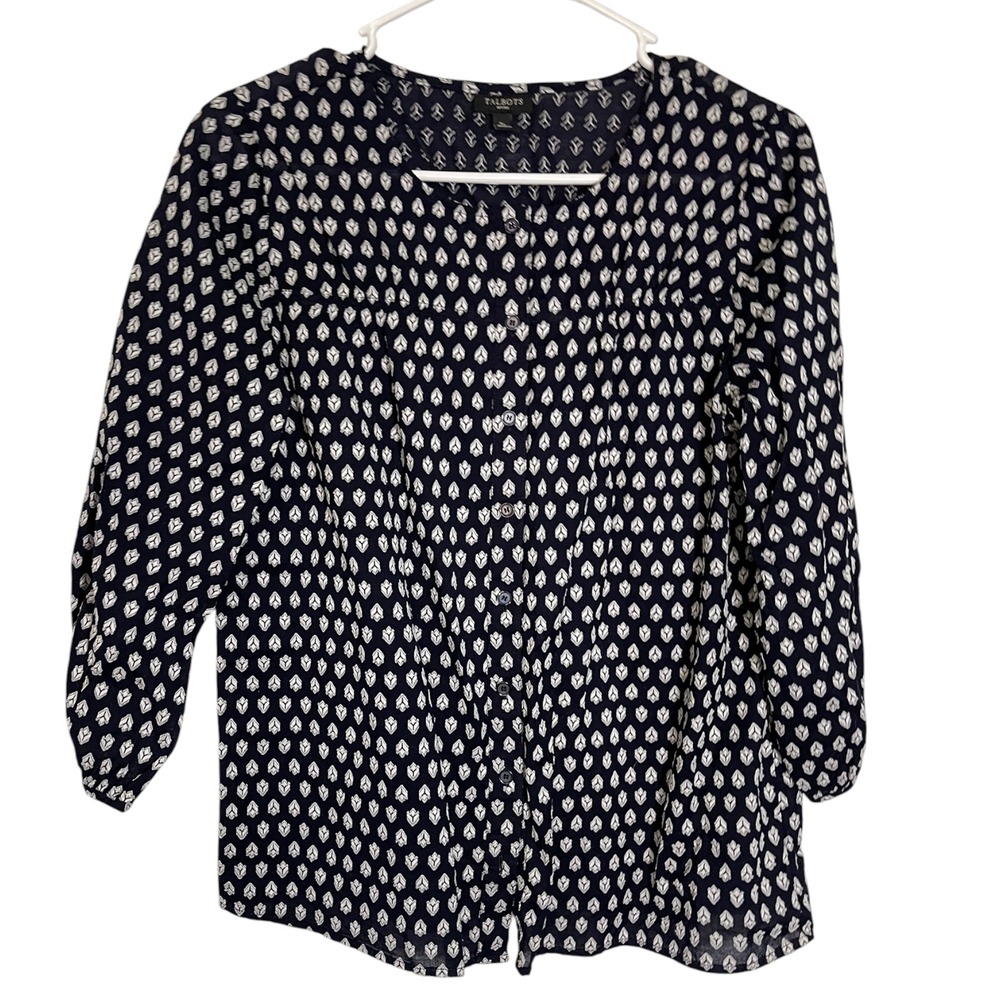 Talbots SP Navy Blue‎ Geometric Button Front 3/4 Sleeve Blouse Preppy Officecore